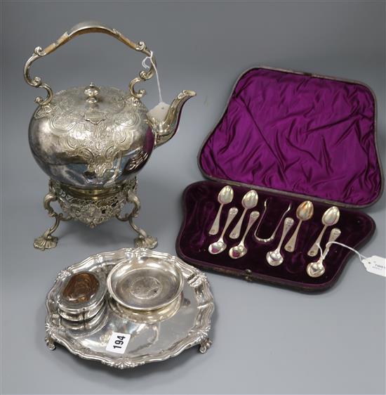 A plated kettle on stand and sundry plated items